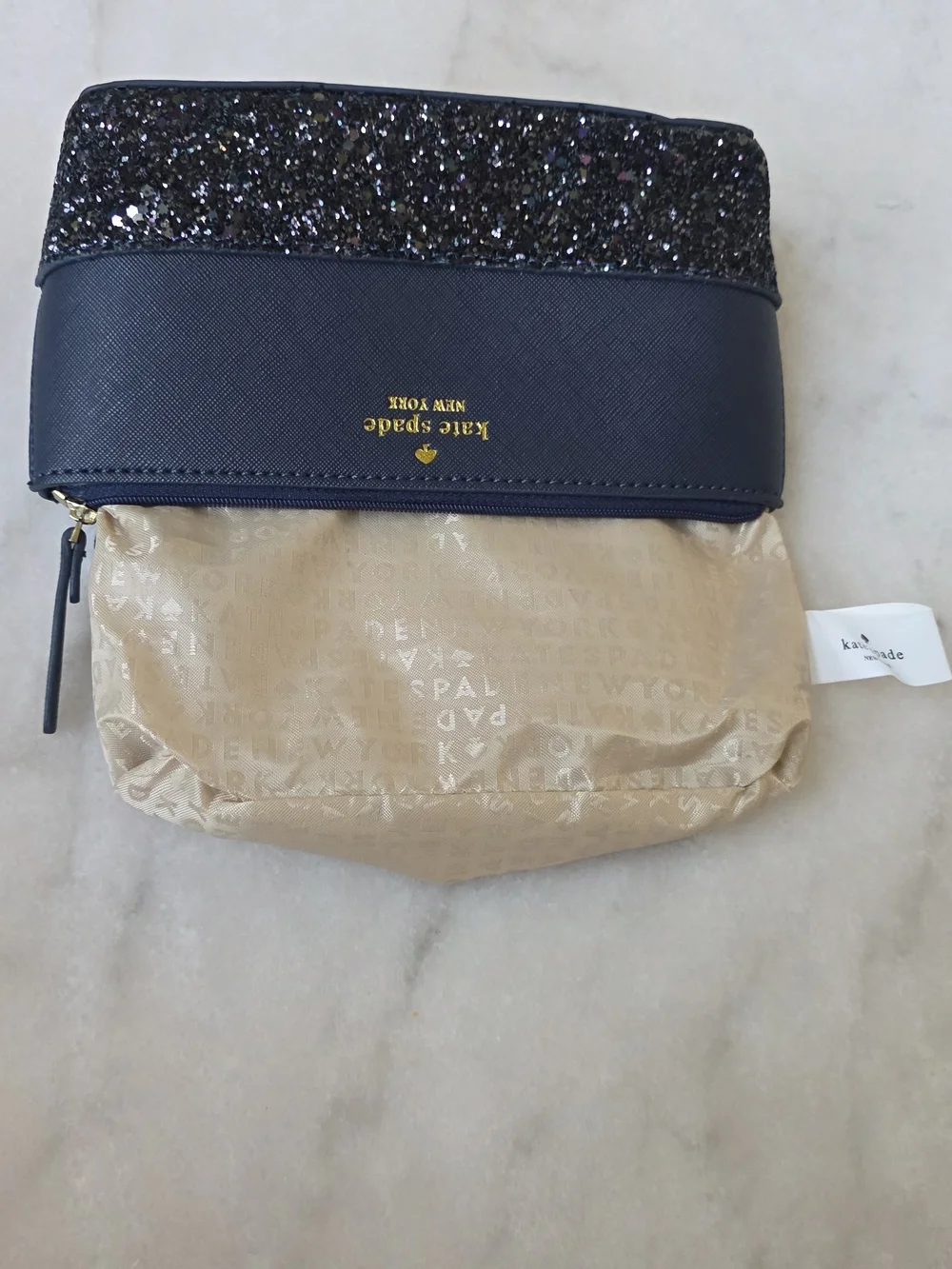 Kate Spade New York Greta Court Glitter Cosmetic Pouch Navy Blue New W/O Tag.